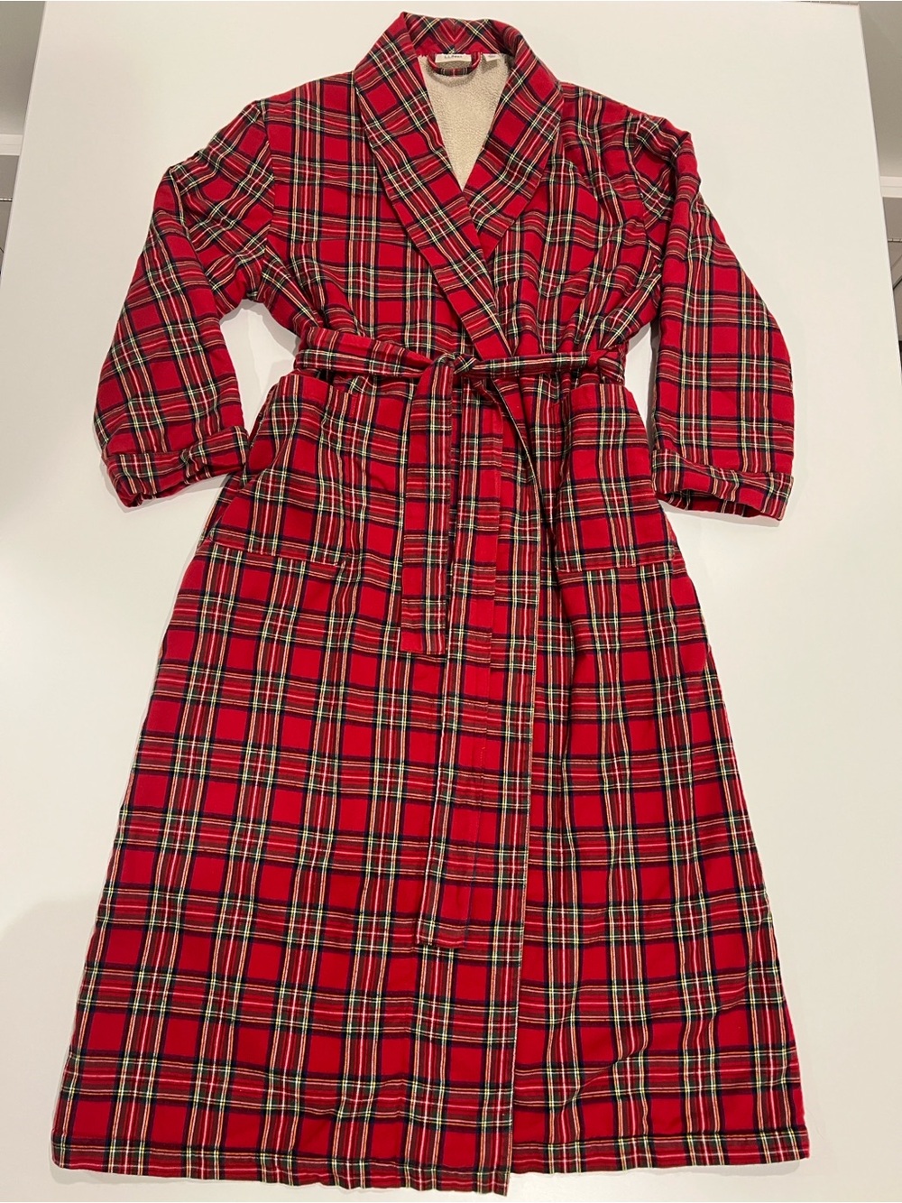 L.L. BEAN Red Scotch Plaid Flannel Sherpa Lined ROBE Ladies PETITE SMALL LLBean